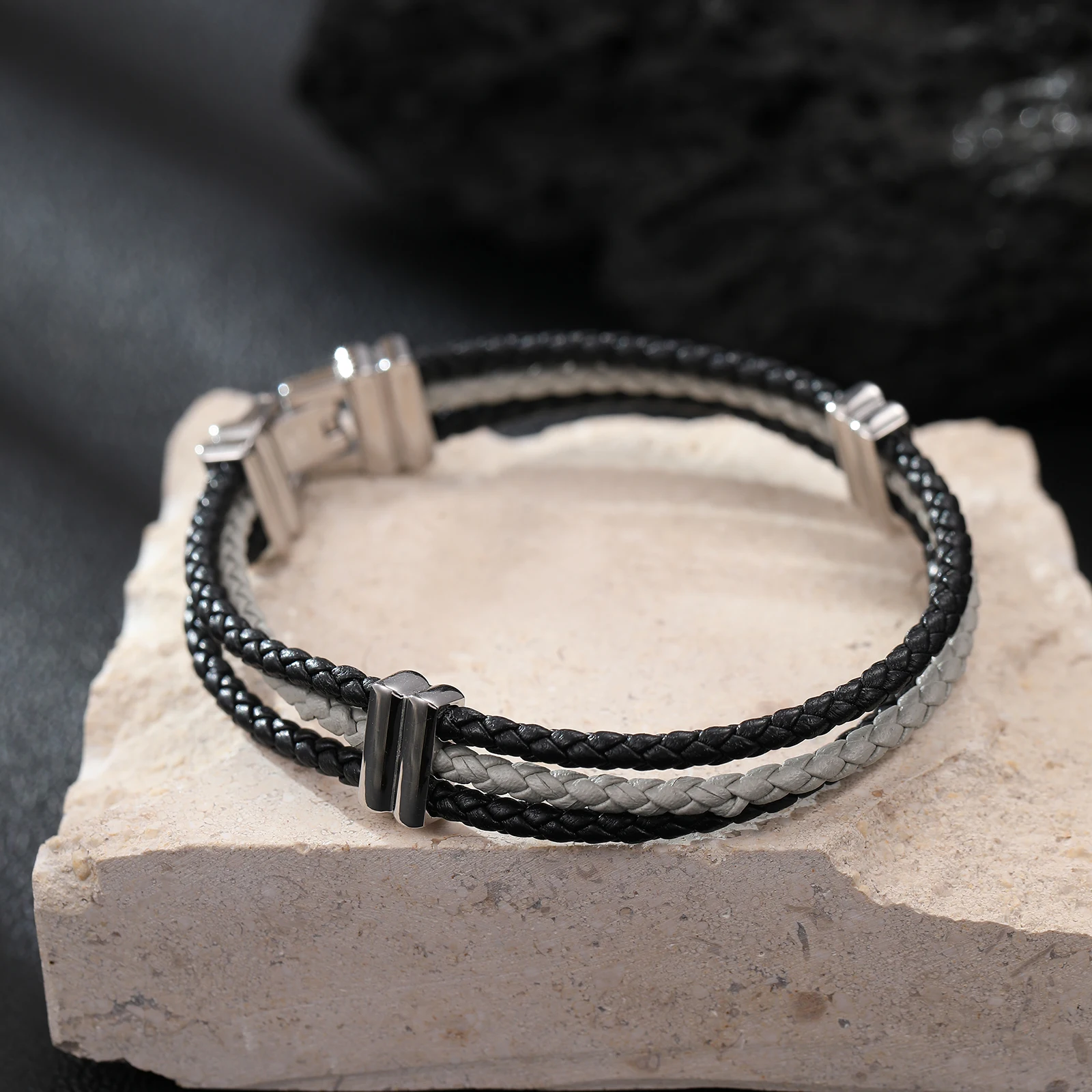 White & Black Leather Cord Bracelet Multiple Layers Cord Bracelet Stainless Steel Clasp Customized Bracelet