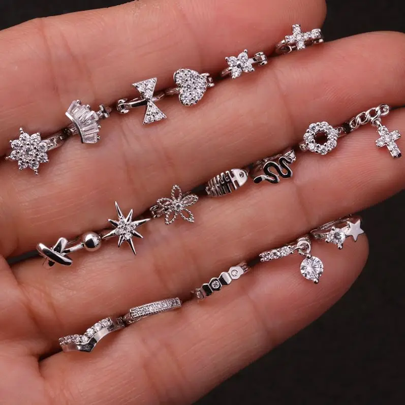 white,rose gold  Hoop Cartilage Huggie Earring Tiny Cz Round Cross Heart Flower Bow Tragus Hoop Helix Rook Ear Piercing Jewelry