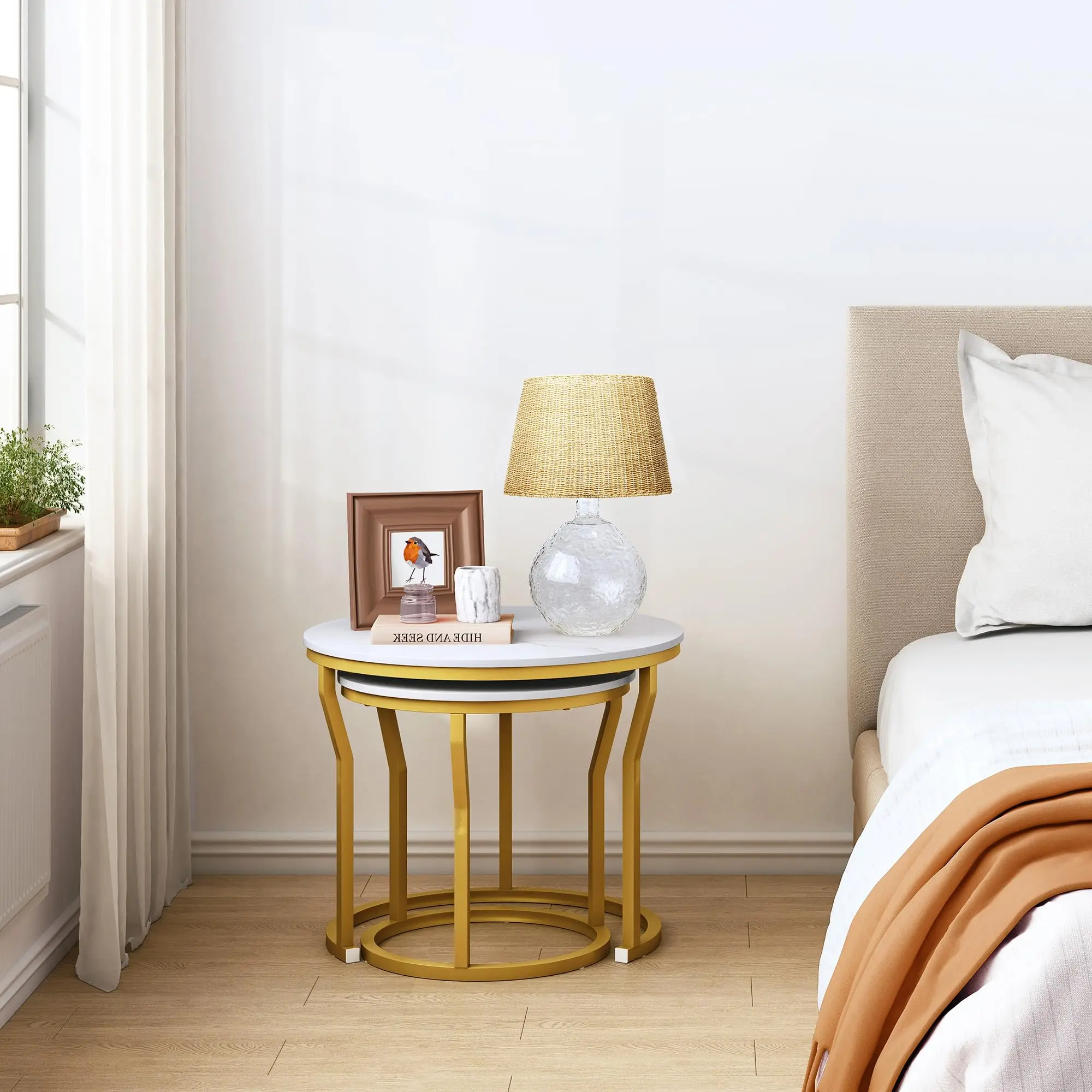 Nordic Style Natural Marble Top round Metal Frame Coffee and Side Table Set Wabi-Sabi Design for Home Furniture