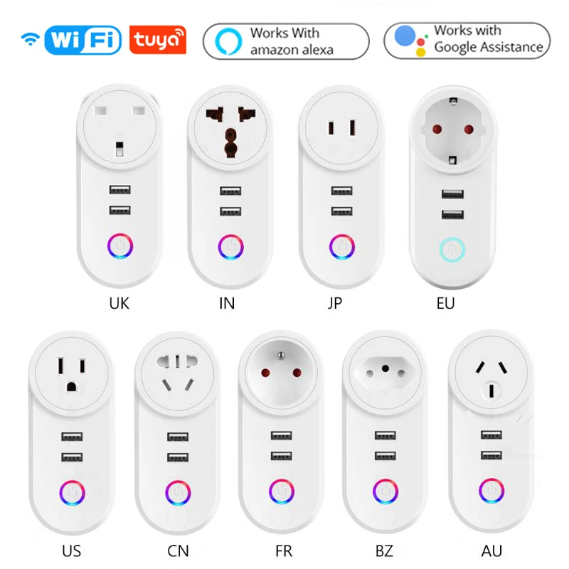 2USB universal wifi smart home socket Smart Life Alexa Smart Plug US UK IN AU EU IL ZA CH JP Smart Power Plug with USB port