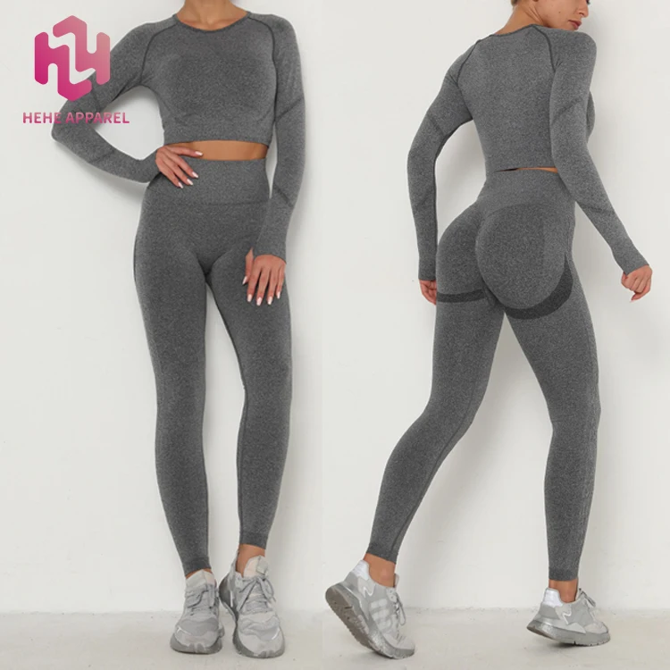 HEHE Female Seamless High Waist Yoga Set Pants Suit Matching Legging and Tops with Long Sleeve Shirt