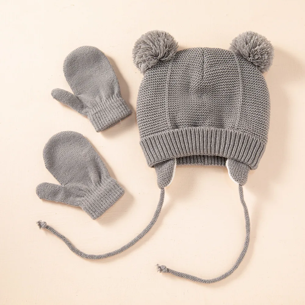 New arrival knitting bear shape baby hat and glove set 6 colors Winter Cap With Rope Lining Cute Boy Girl Warm Bear cap