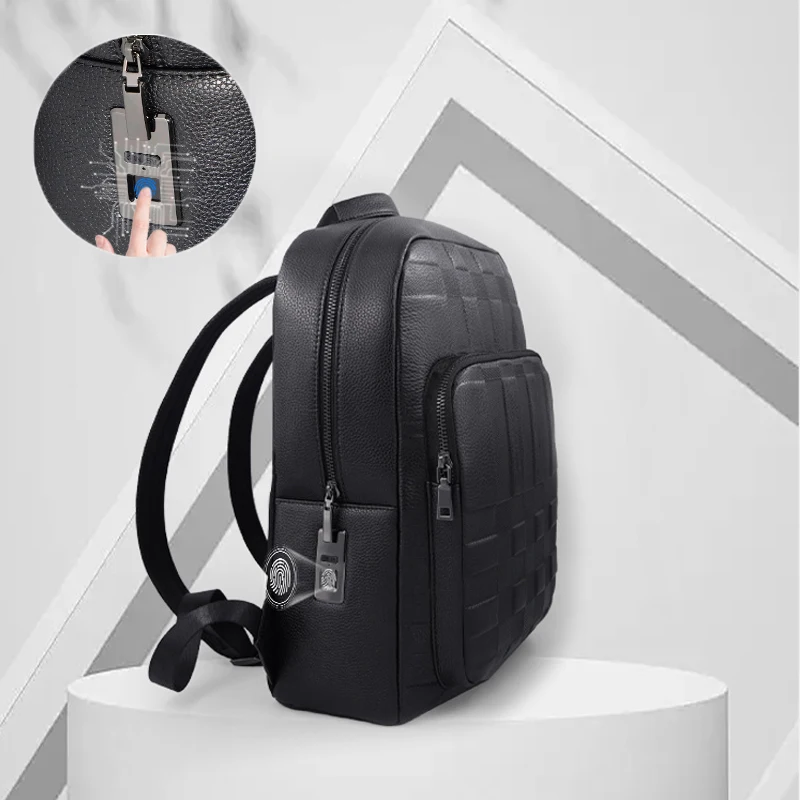 2024 New Hot Sale Daily Life School Bag Fashion Plaid Fingerprint Lock Backpack Leather Shoulder Laptop Backpacks