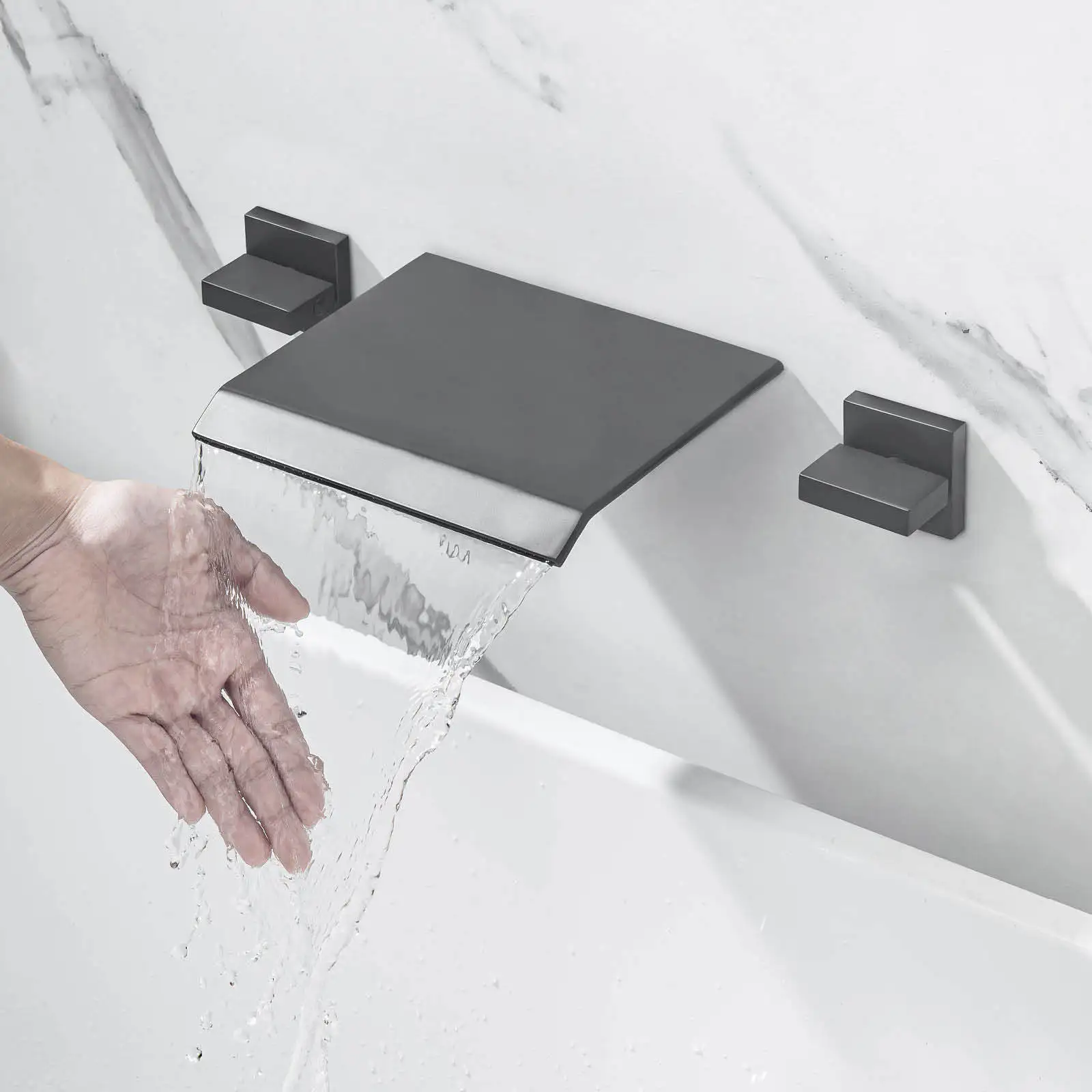 Ares Idealex Wall Mounted Copper 2 Hnadles Black Golden Waterfall Basin Sink Faucet for Bathroom Mixer Tap