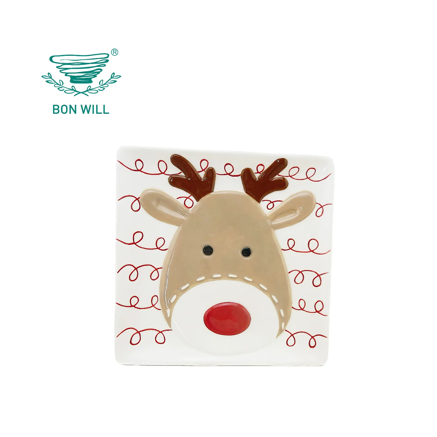 8inch Stitch Embossed Reindeer Ceramic Square Plate Christmas Tableware and Gift