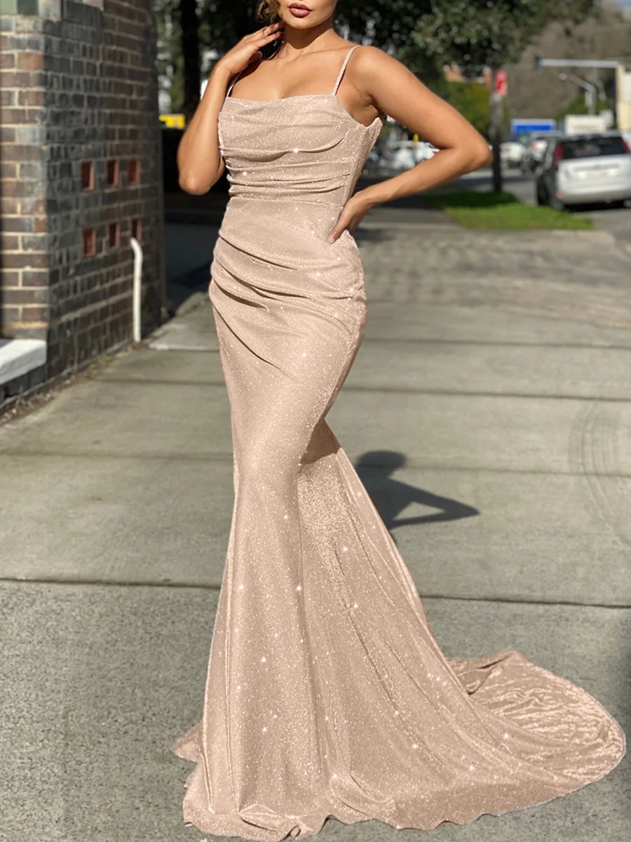Hot sale strap square neck shiny maxi evening party birthday big gowns ball dress