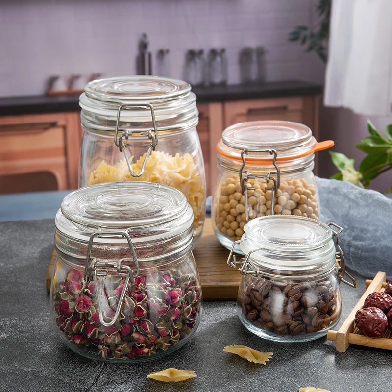 On Sale Transparent Different Size Round Glass Storage Containers Spice Candy Beans Child Snacks Storing Keep Dry Glass Jars