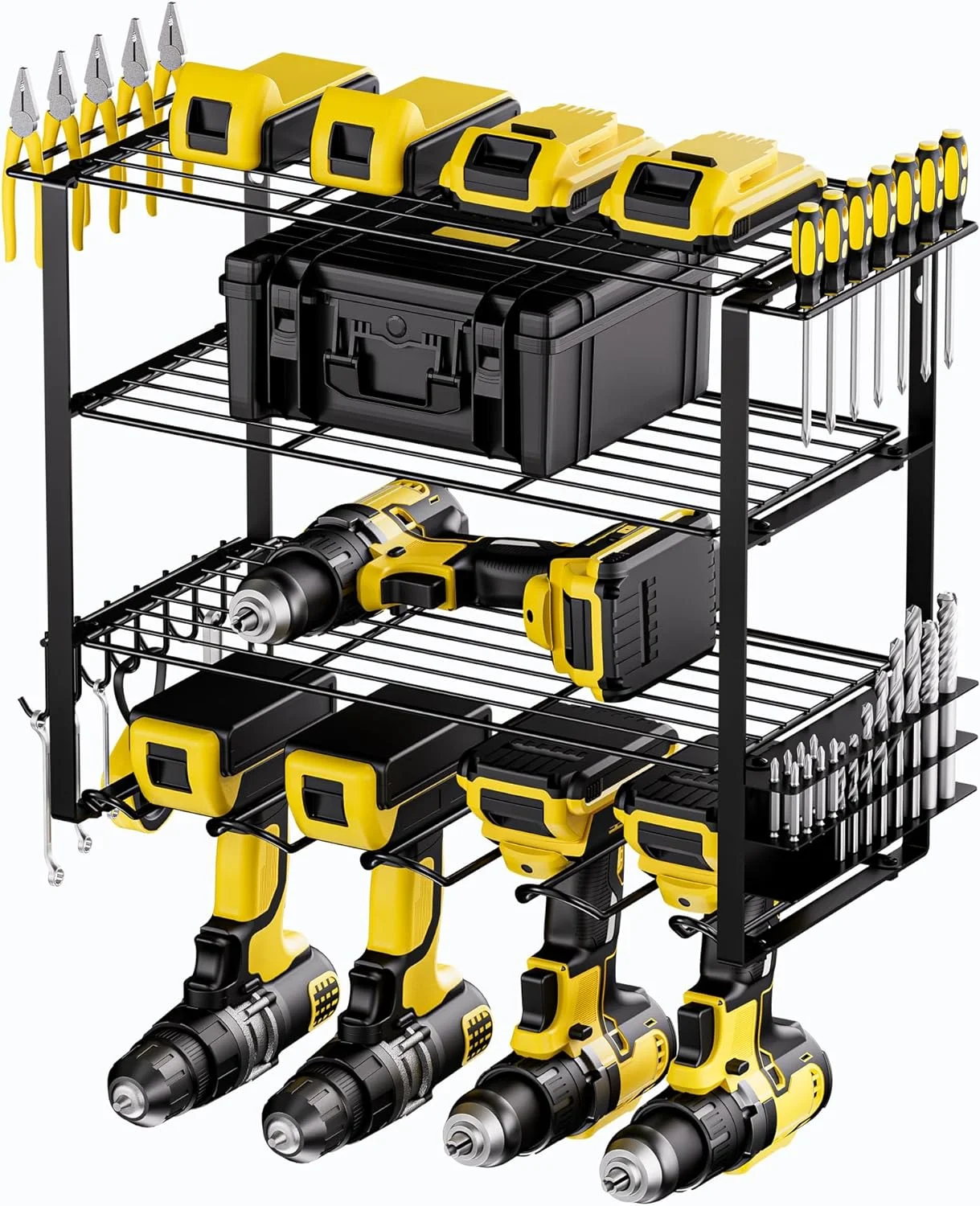 Power Tool Organizer Wall Mount 4 Tier Heavy Duty Metal Shelf Rack for Dewalt Tools Screwdrivers Pliers and 4 Drill Racks Garage