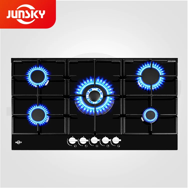 JunSky OEM 90cm Glass Gas Cooktop 5 Burner Cast Iron Trivet Gas Hob NG LPG Stove