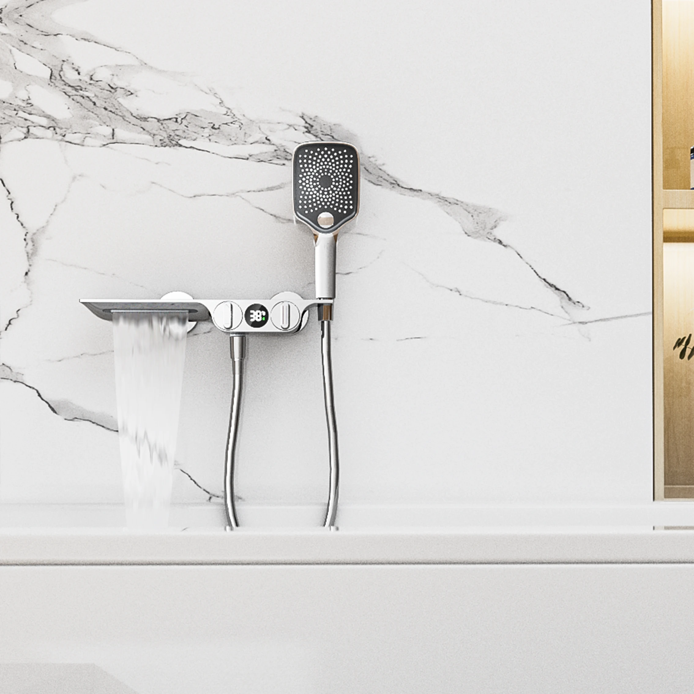Waterfall Bathroom Bathtub Mixer Faucets thermostatic Shower Combination Set with Storage Platform