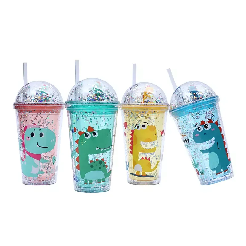 Wholesale High Standard LED insulated Double Wall Tumbler Cup Juice BPA Free Girls Kids With Diamond Lids And Straw Plastic Cup