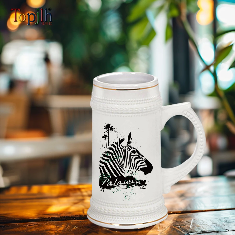 Wholesale 22oz white sublimation beer stein with gold trim