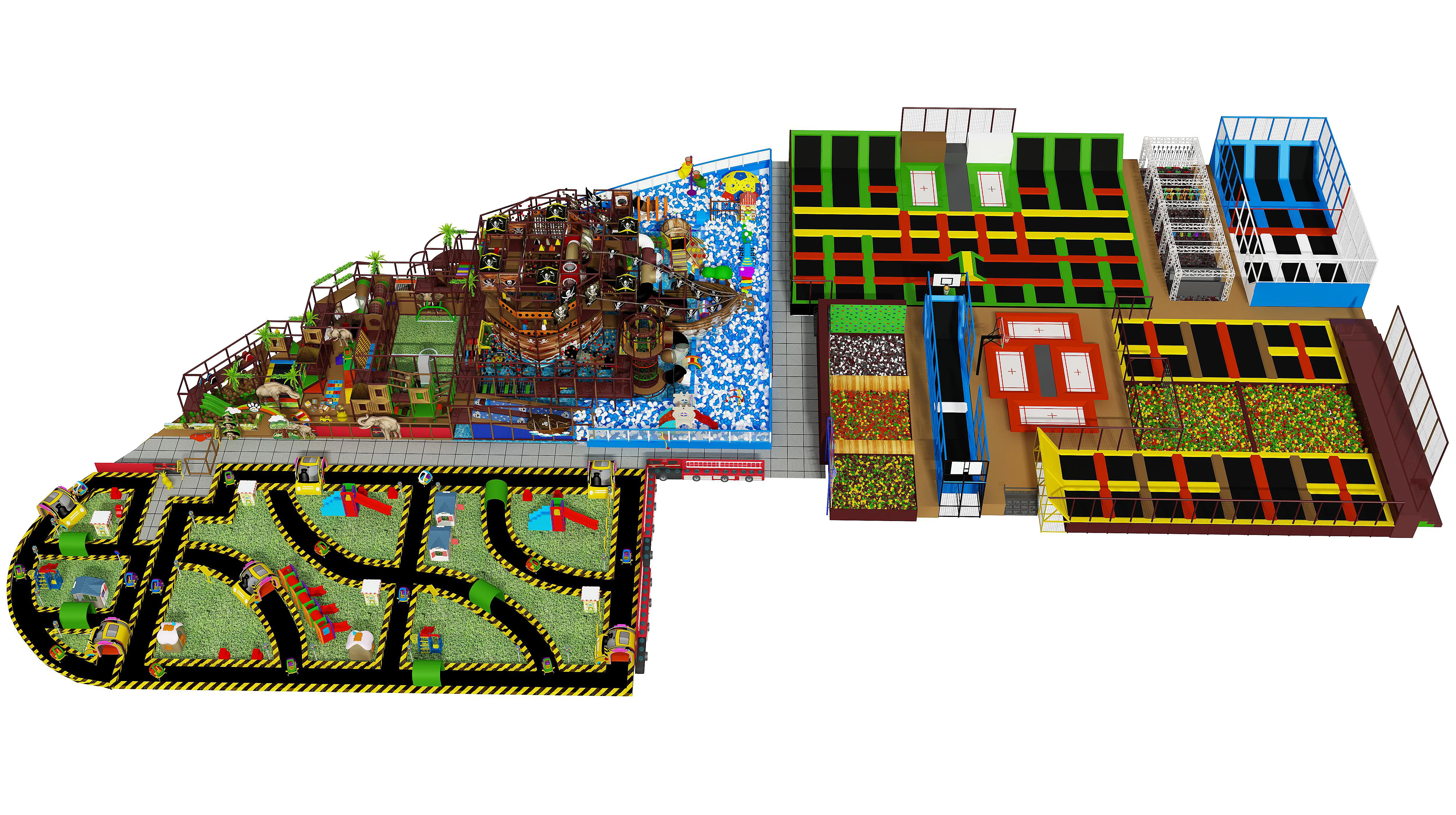 Huge Indoor Play Center with Kids Racing Bicycle Road Games, Playhouses, Adults Trampoline Park, Ninja Warrior Obstacles