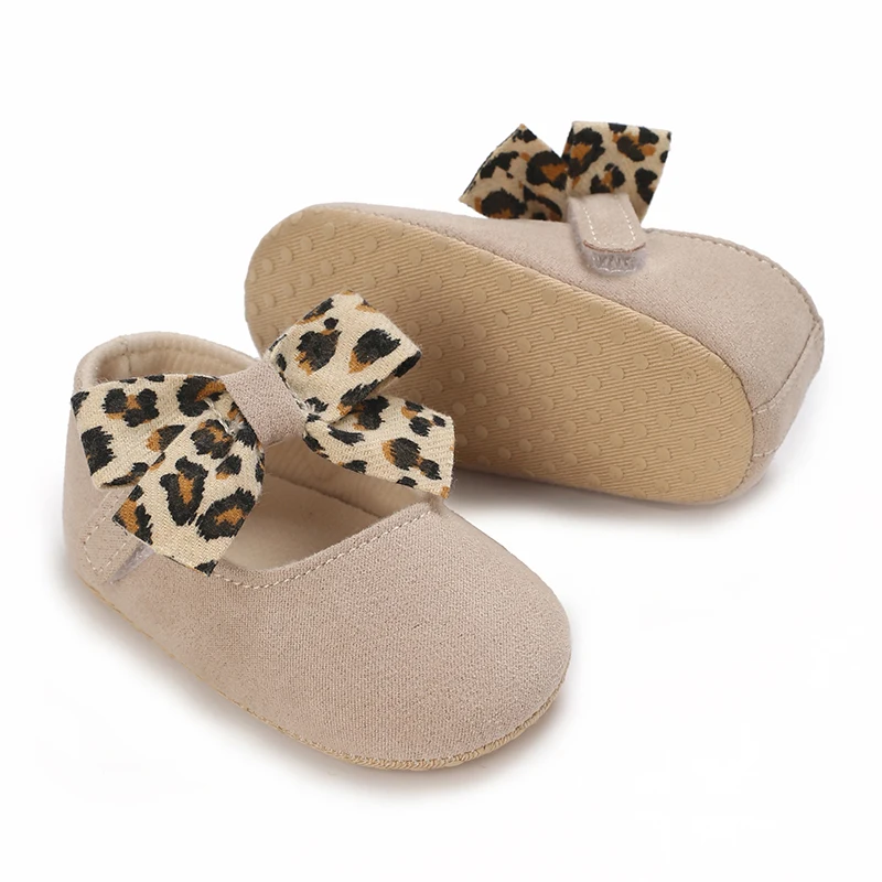 Autumn new fashion white and trendy solid color design leopard print bow girls 0-1 years old flat shoes