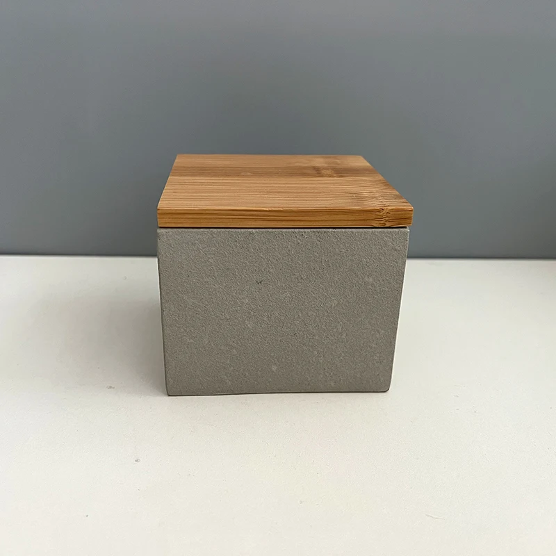 Square Matte Concrete Candle Vessel with Sealed Bamboo Lid