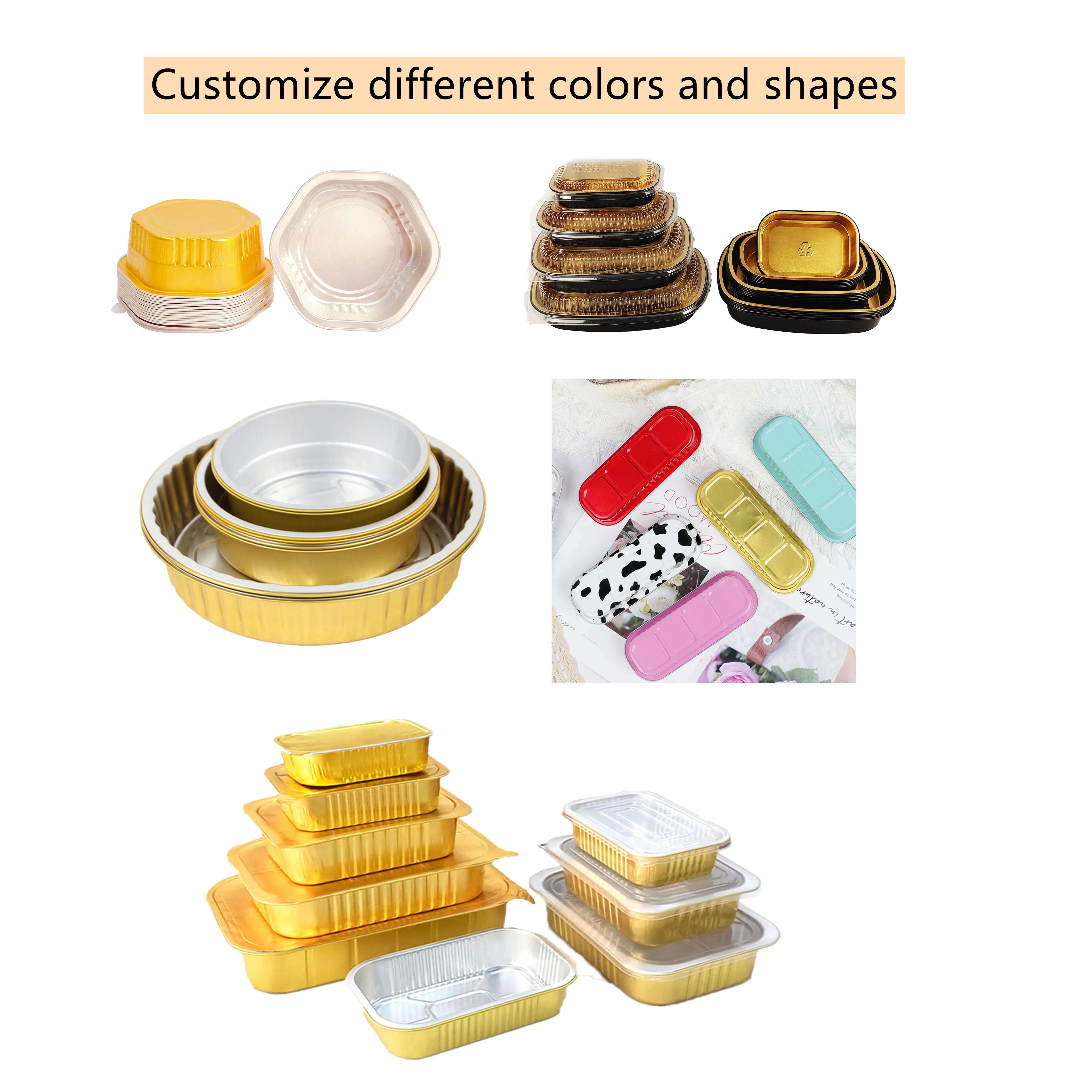 320ml gold Smooth Wall Aluminum Foil Box for Takeaway Food Packing Container with Sealed Foil Lids and PET lids