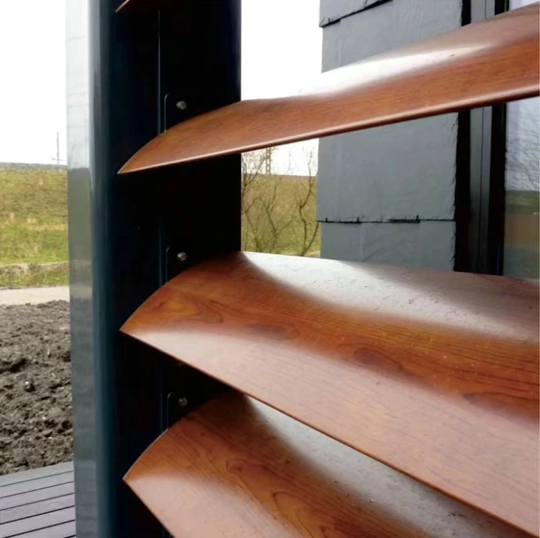 Aluminum Alloy Spindle-Shaped Louvre Traditional Outdoor Shutter Vertical Opening Pattern Wood Color Airfoil outer louvers