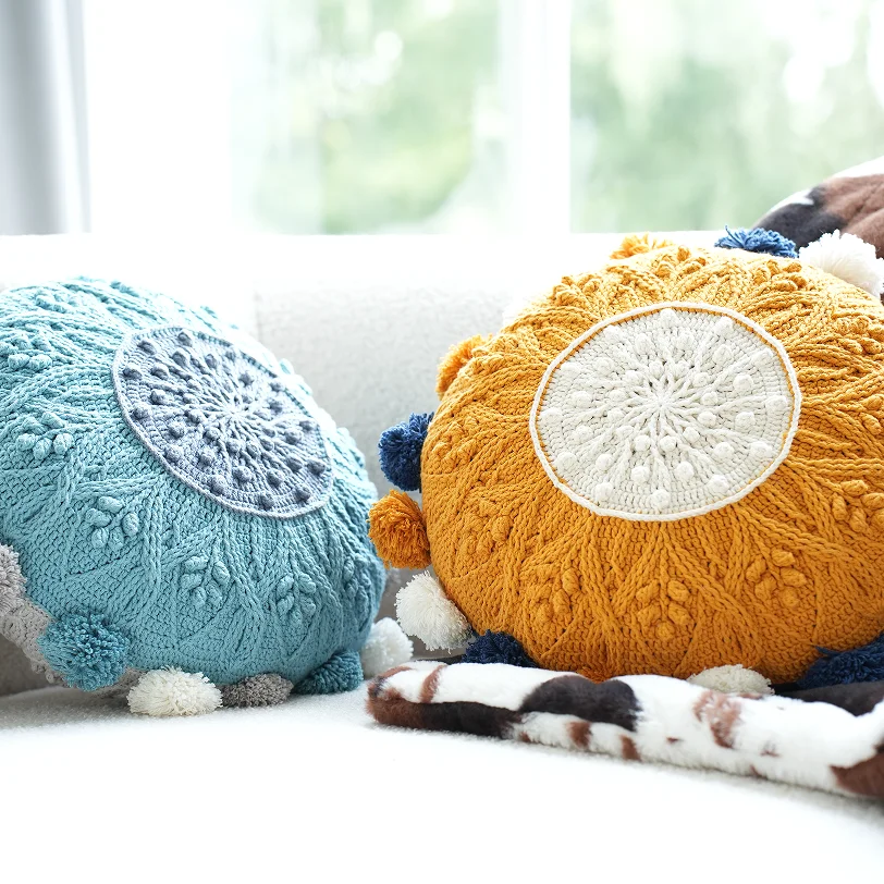 Knitted Throw Pillow Round Couch Pillow Sofa Cute Cushion Handmade Pompoms Decorative Plush Pillow