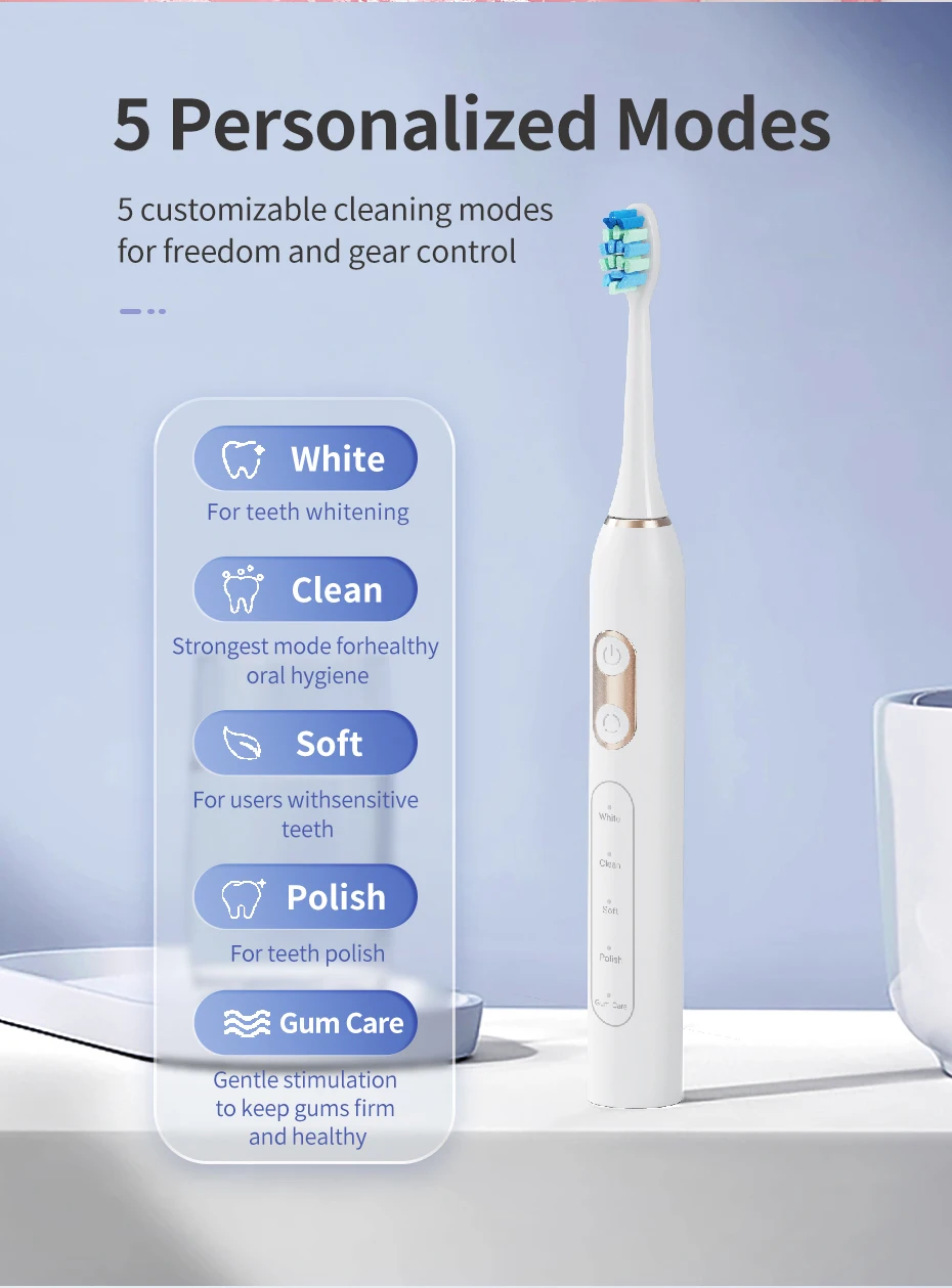Custom USB Rechargeable Travel Electric Toothbrush IPX7 Automatic Sonic Toothbrush with 8 Medium Bristle Head for Adults