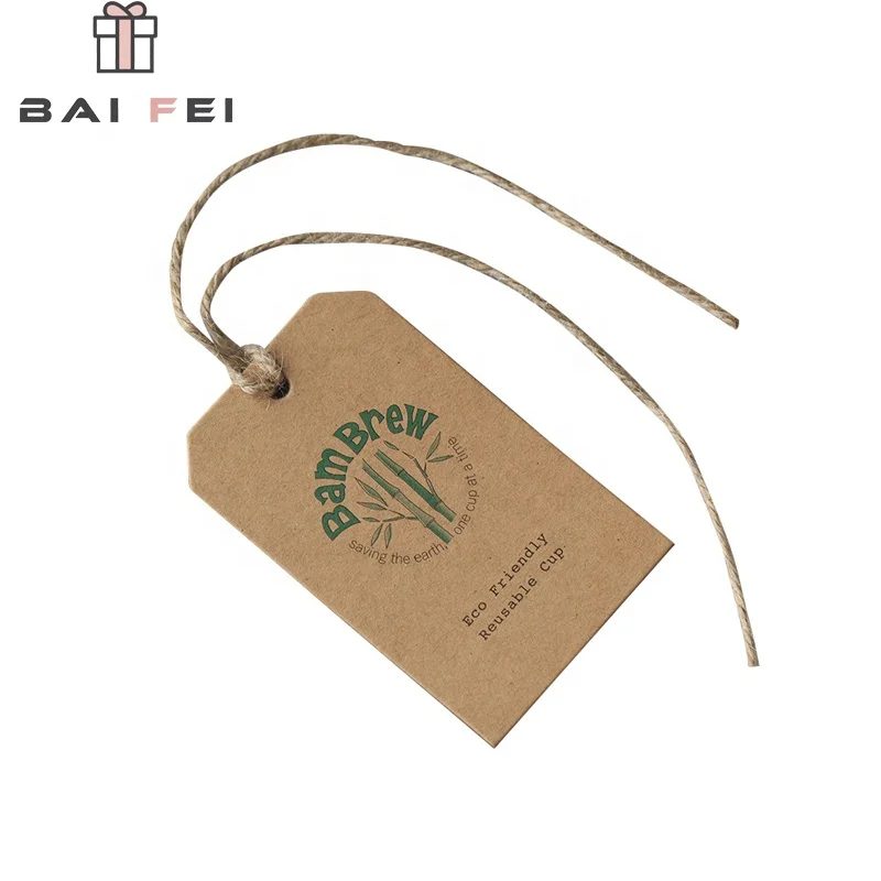 
Custom Logo Name Friendly Eco Brand Hangtag Brown Kraft Paper Reversible Printing Coffee Cup Hang Tags With Natural Hemp Rope 