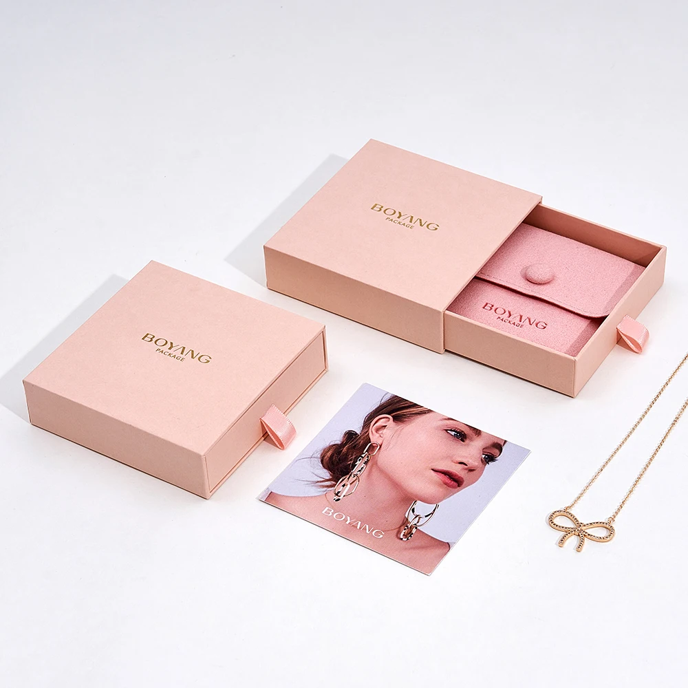 Boyang Custom Drawer Paper Pink Bracelet Necklace Ring Earring Jewelry Packaging Box Set