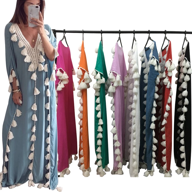 8 Colors Patchwork Print Tassel Decor Half Sleeve Muslim Long Dress Women Islamic Clothing