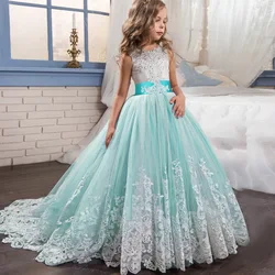 Fashion summer wholesale elegant white sleeveless bow kids children long prom gown party wedding teen girls evening dress