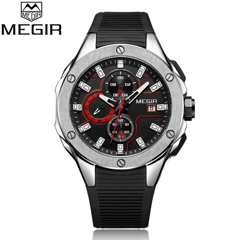 Custom Megir 2053 chronograph watch Stainless Steel Back WristWatch Quartz waterproof Sport Silicon Man luxury Watch