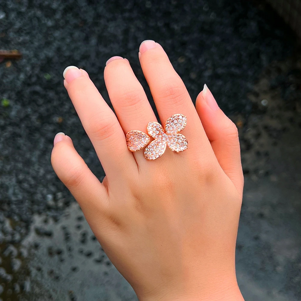 Adjustable Fashion Rose Gold Color Cubic Zirconia Flower Leaf Open Cuff Rings Women Korean Luxury Engagement Party Gift Jewelry