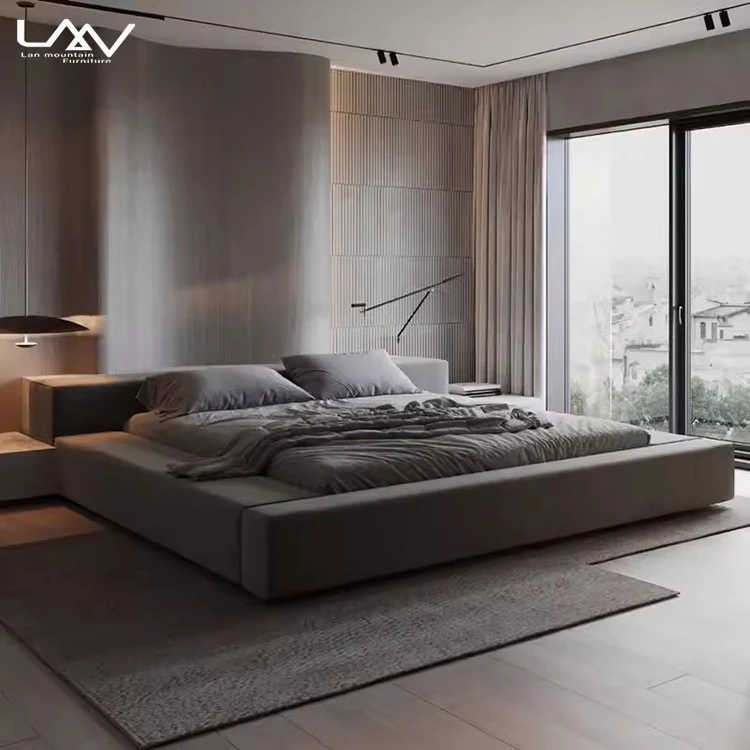 Modern simple hotel fabric upholstered king size bed villa bedroom wood frame tatami double bed furniture customizable