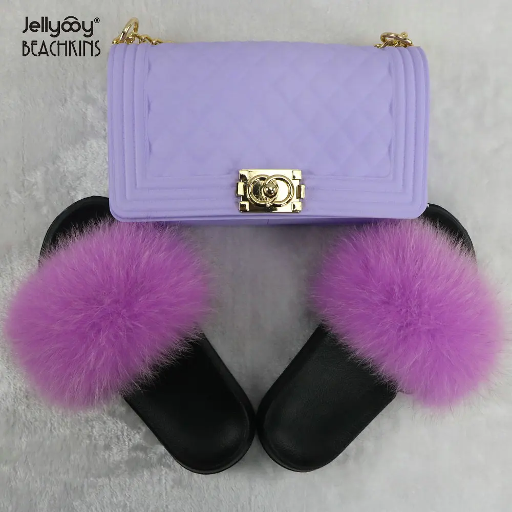 
Jellyooy BEACHKINS PVC Matte Jelly Bags With Fox Fur Slippers Sets Purse Bag Match Fur Slides Sandals Sets 