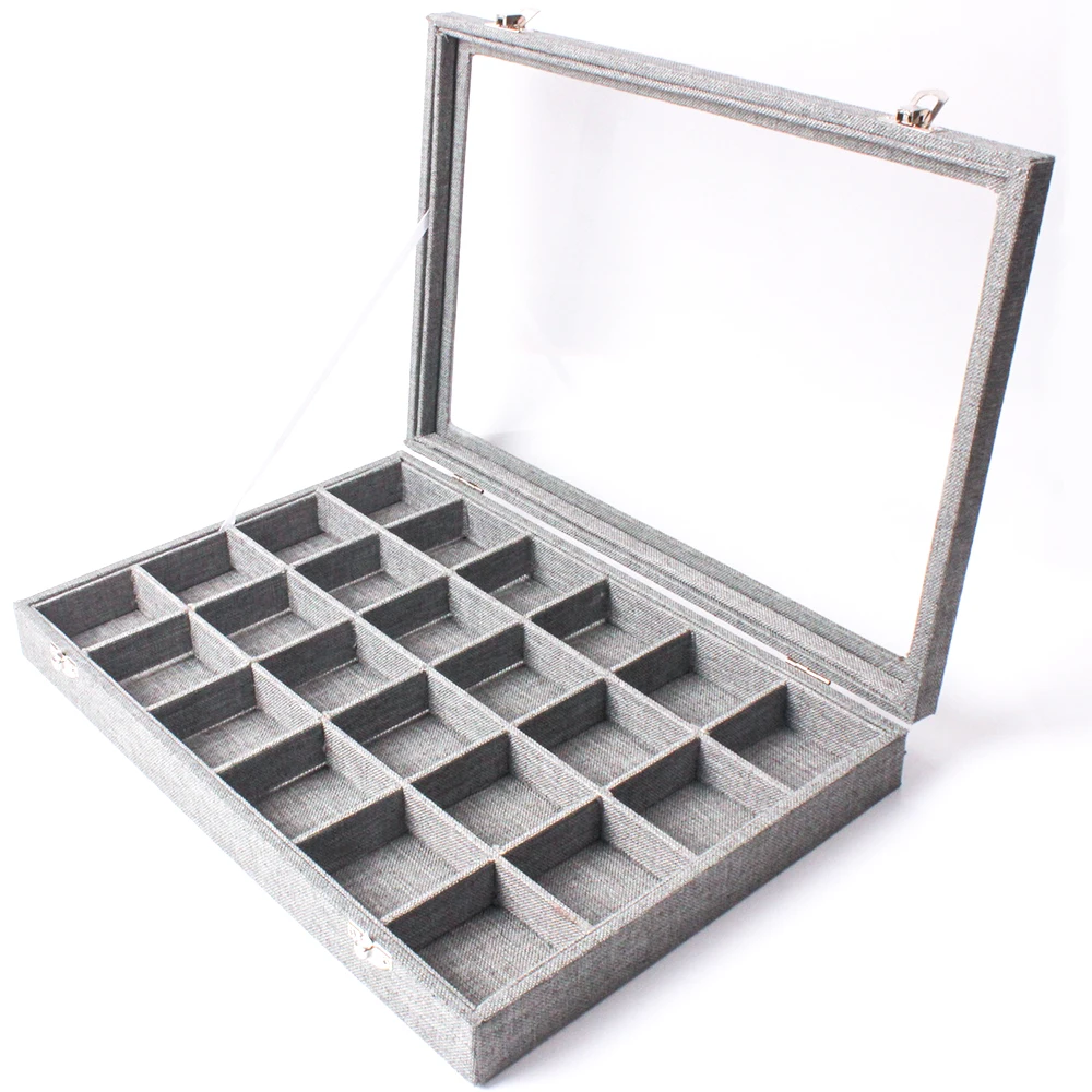 67170 24 Grids Fashion Linen Jewelry Showcase Display Tray With Glass Lid Top for Rings Earring Storage Display