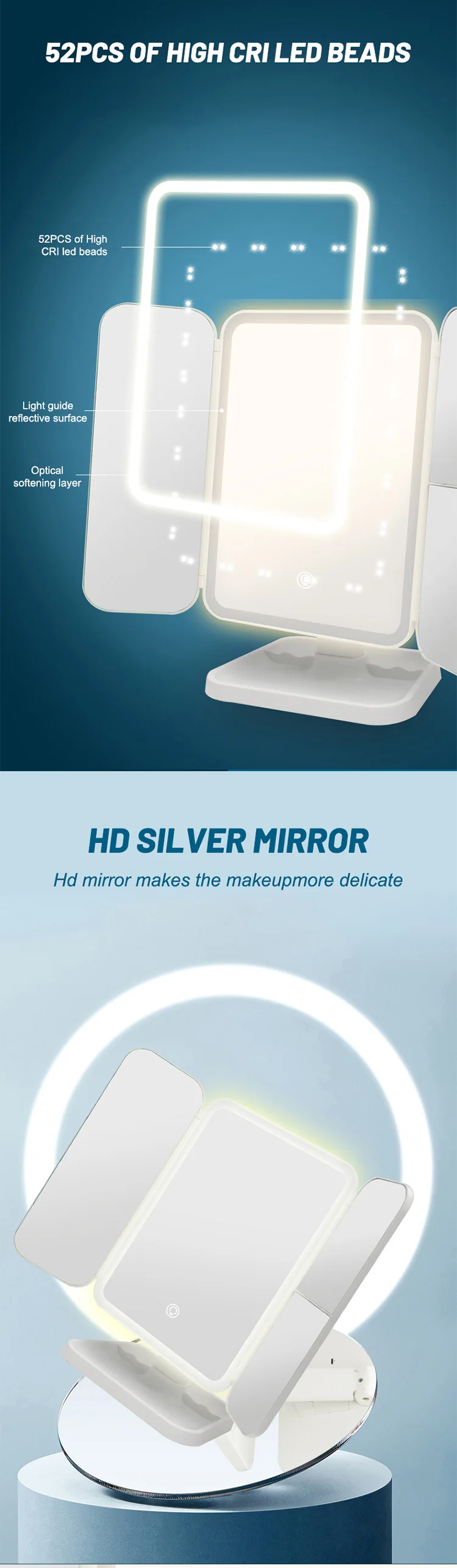 desk lamp three-sided folding touch sensor 180 degree rotating vanity magnifying wall mounted led foldable make up mirror