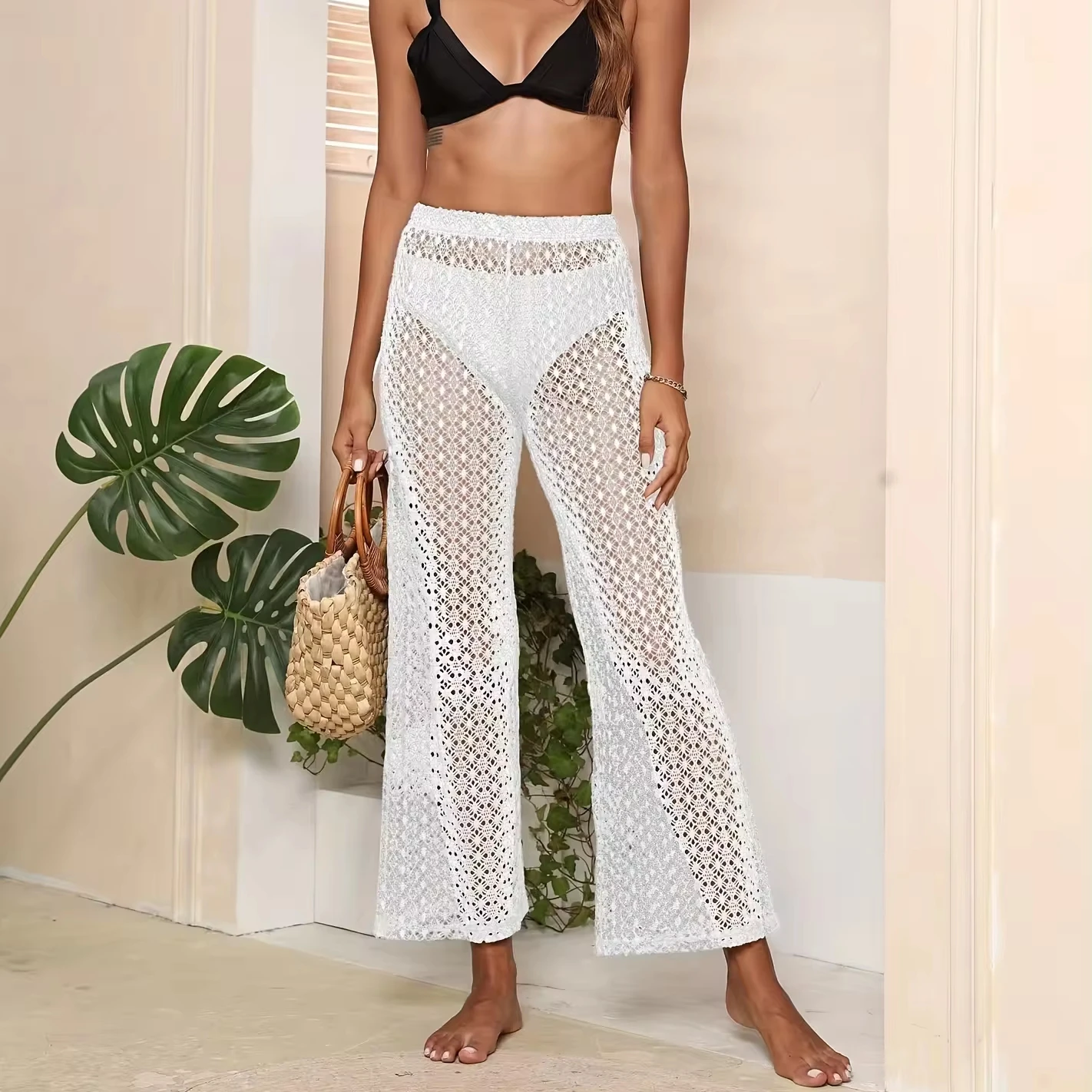 SUMMER WOMEN SEE THROUGH BOHO WIDE LEG HIGH WAIST TROUSERS BEACH LONG LOOSE MESH SHEER PANTS CROCHET HOLLOW OUT WOMEN PANTS