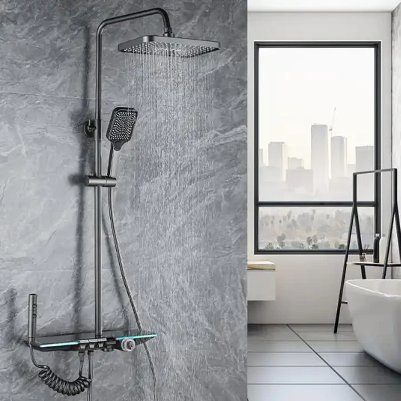 Push button Led thermostatic shower column system black gun gray copper piano high pressure shower set