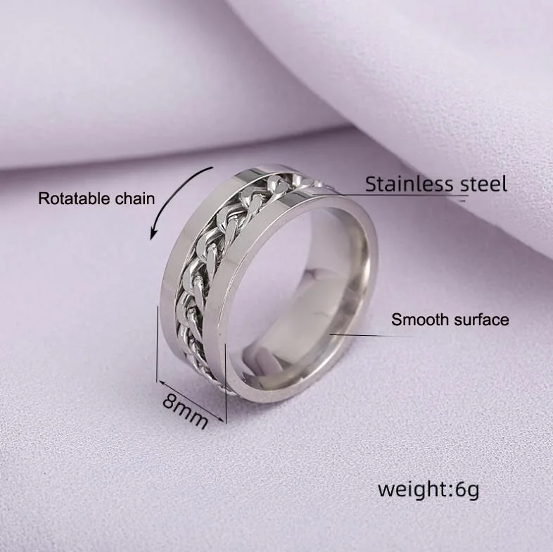 Explosion Unisex Stainless Steel Link Chain Rotated Finger Ring jewelry Hip-Hop Hipster Style Silver Gift Party