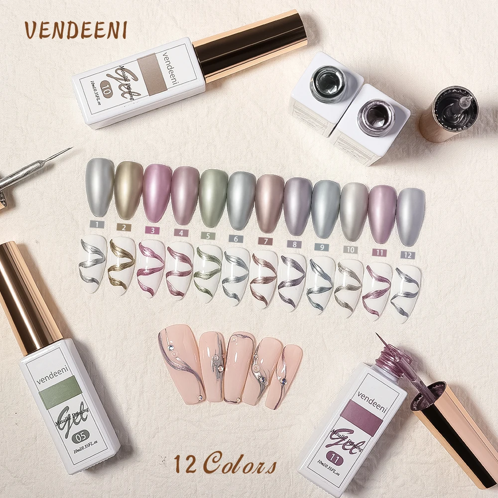 Vendeeni 12 видов цветов металлик Гель Лайнер с возможностью нанесения производителем личных лак для ногтей, бесплатный образец, сделано в Китае био-Гели Soak Off оптовая торговля СТМ Гель-лак для ногтей