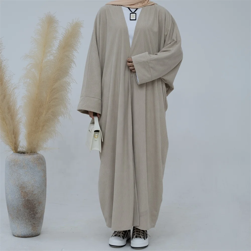 Turkey Modest Dubai Corduroy Open Front Fall Winter Ribbered islamic Clothing Robe EID Ramadan Muslim Abaya Coat