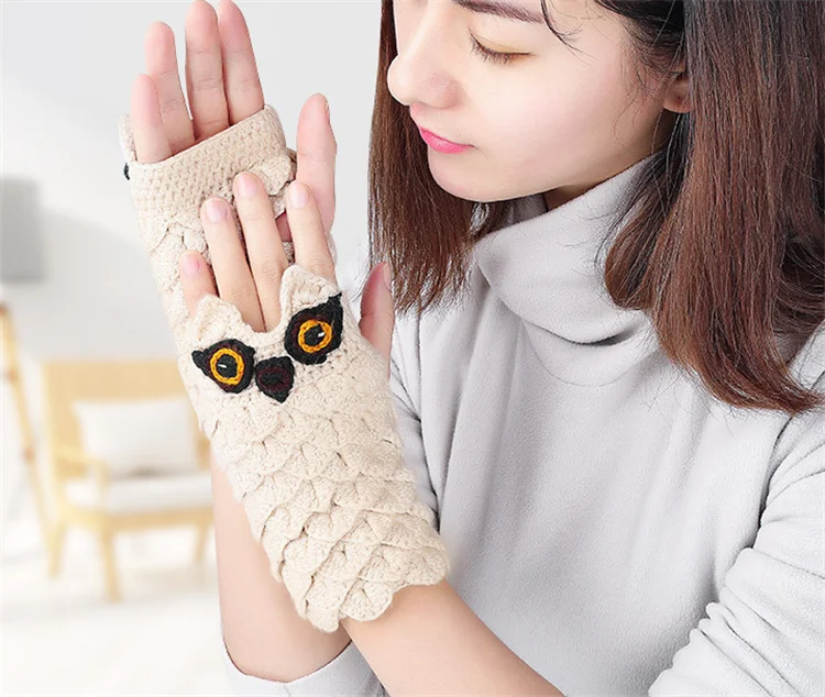 fashion 2019 cute kids animal owl knit patterns half finger mittens arm warmers crochet handmade fingerless gloves for girls