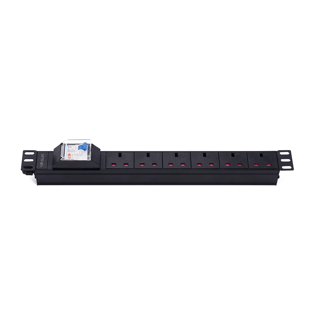 Aluminium Shell 1U 19 Inch 6 Ways BS1363 UK Horizontal Basic Rack PDU with RCD for Data Center Cabinet