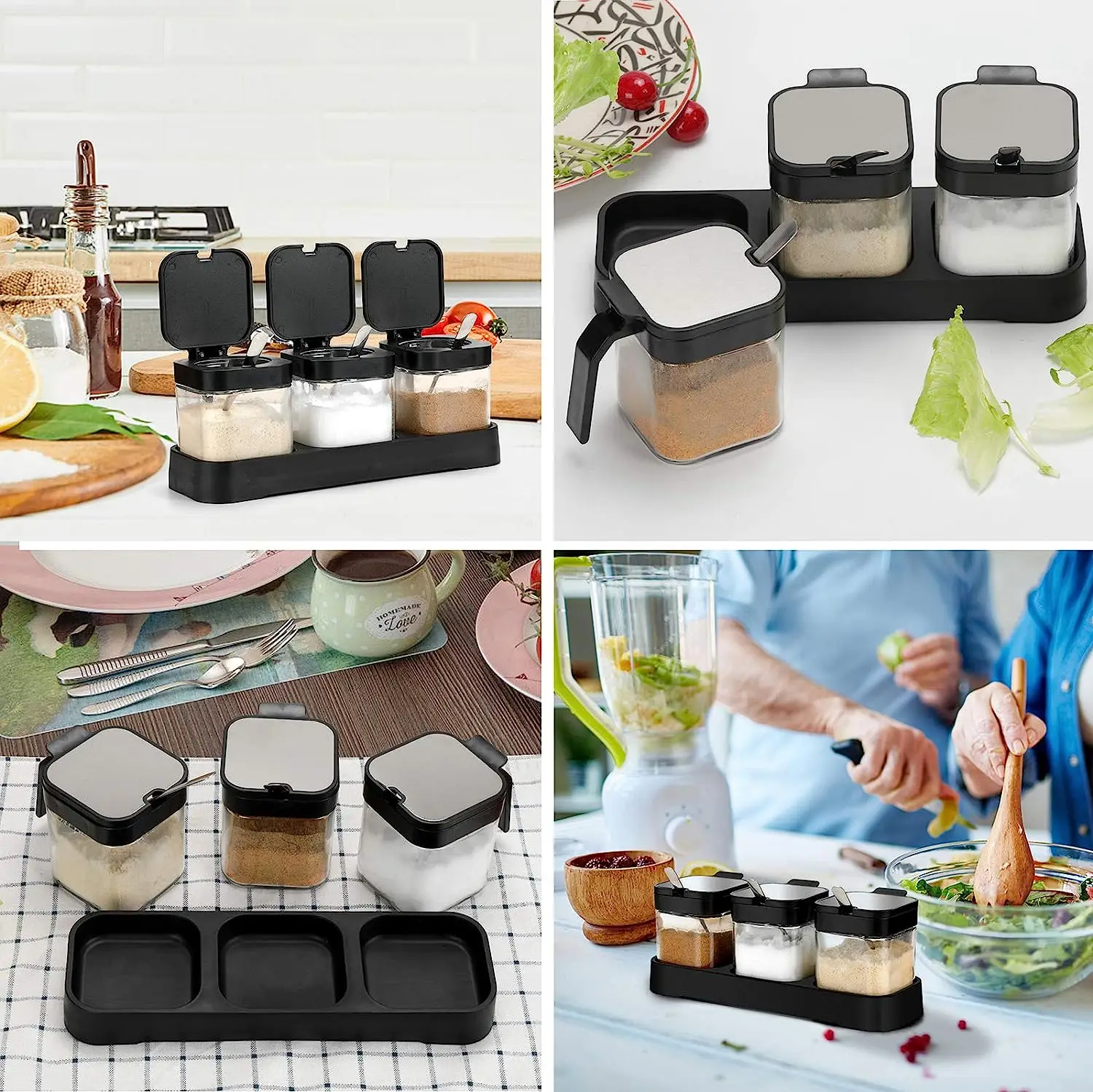 Condiment Jar Spice Container with Lids and Spoons 8oz Clear Glass Condiment Canisters Pots Seasoning Box Salt Container Sugar