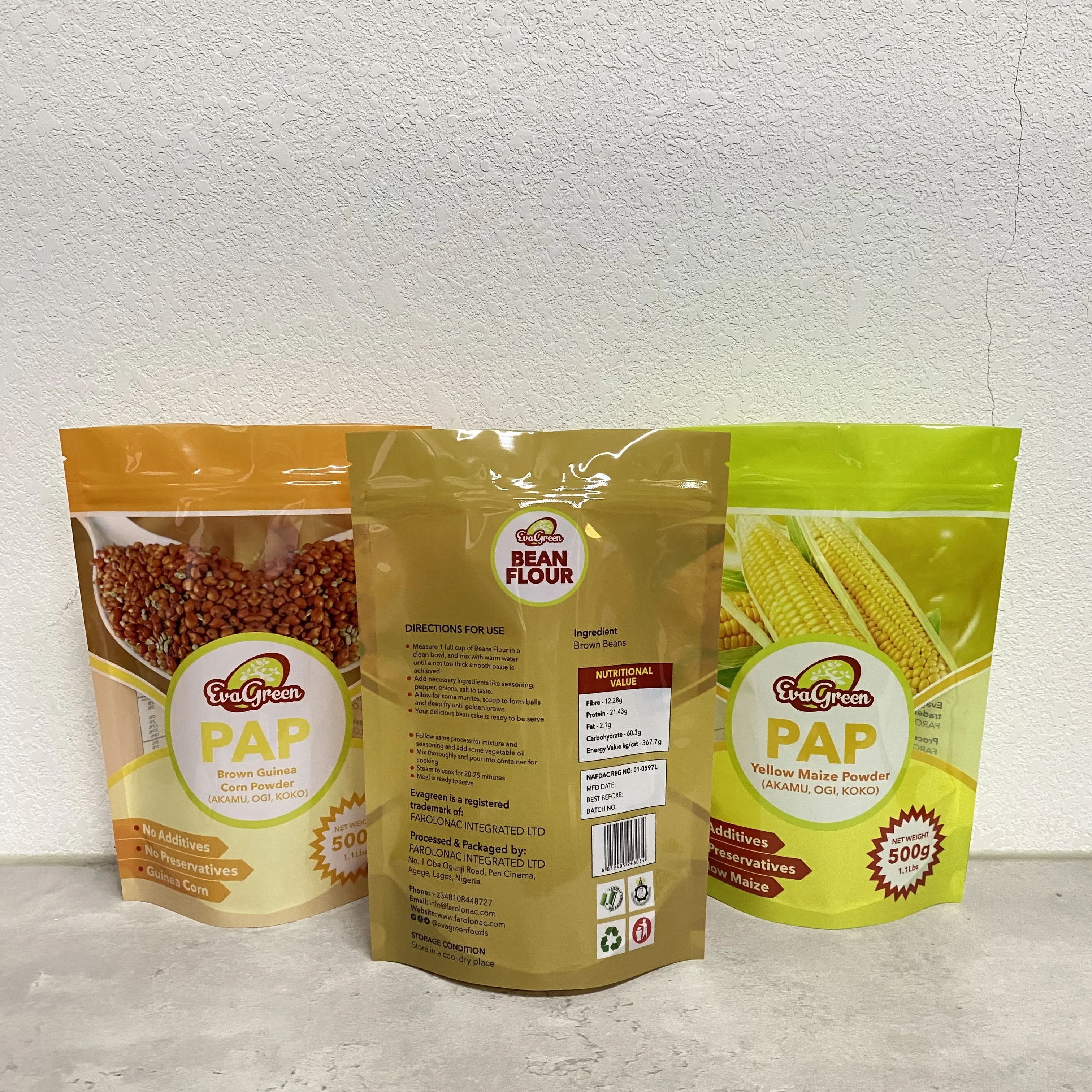 Food grade 500g powder packaging plastic stand up zipper bag for bean flour