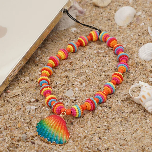 Woying 2021 Boho Colorful Handmade Wave Spherical Beads Phone Strap Beach Wind Acrylic Shell Key Chain