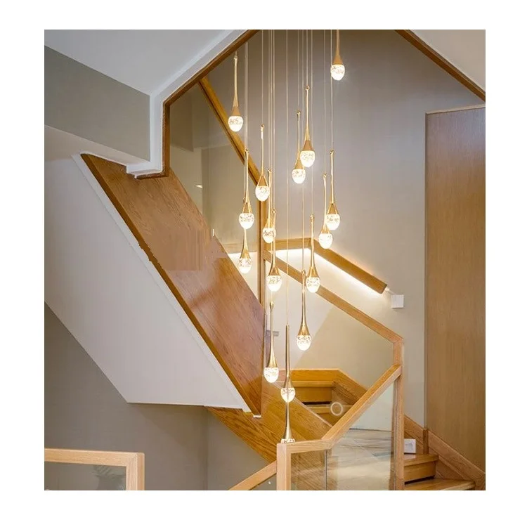 Modern simple long gold raindrop crystal chandelier pendant lamp for duplex villa staircase living room