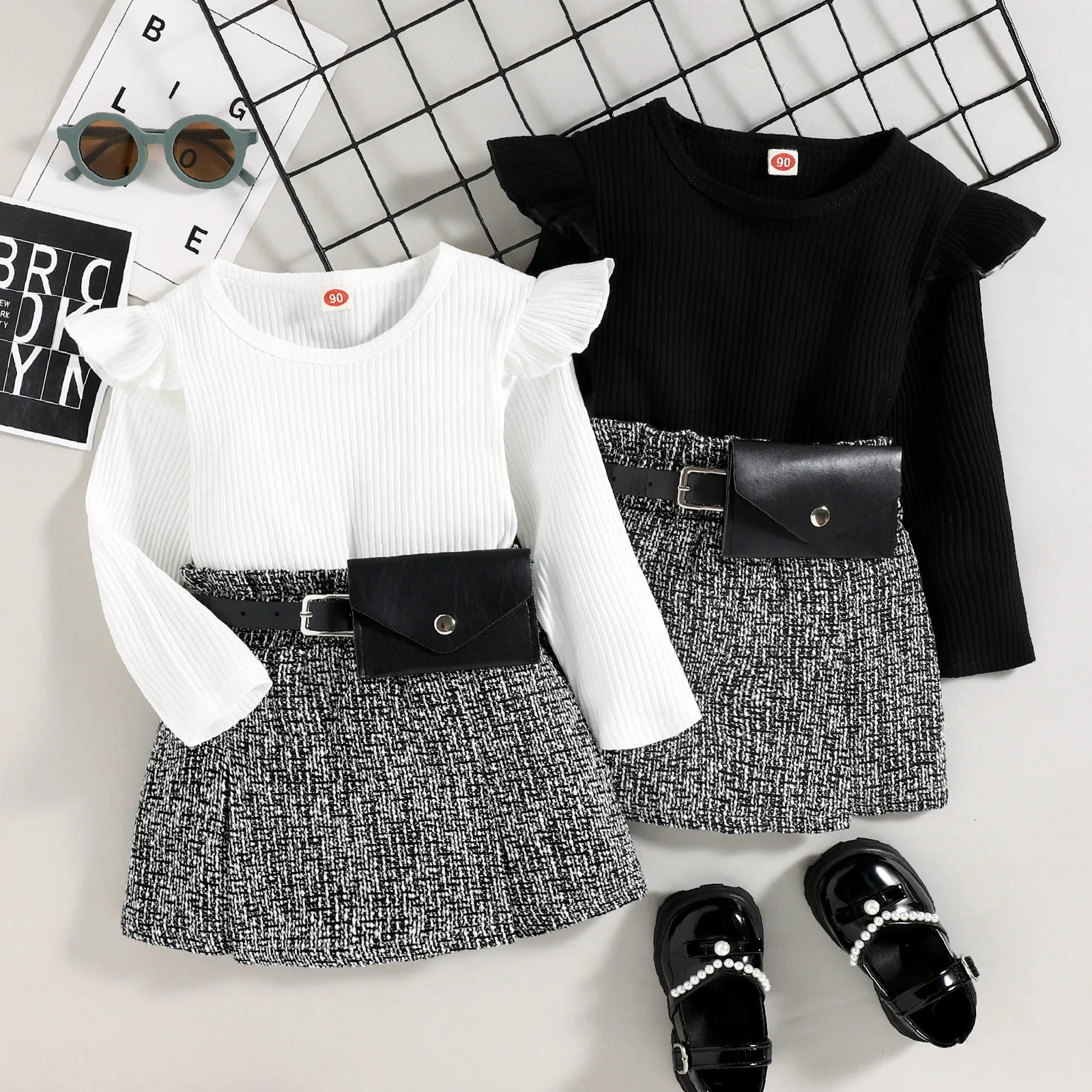 2-7 Years New Autumn Knitted Baby Girl Suit Fly Long Sleeve Shirt+Skirt 2 Pieces Kids Clothing Spring Matching Sets Retro Outfit