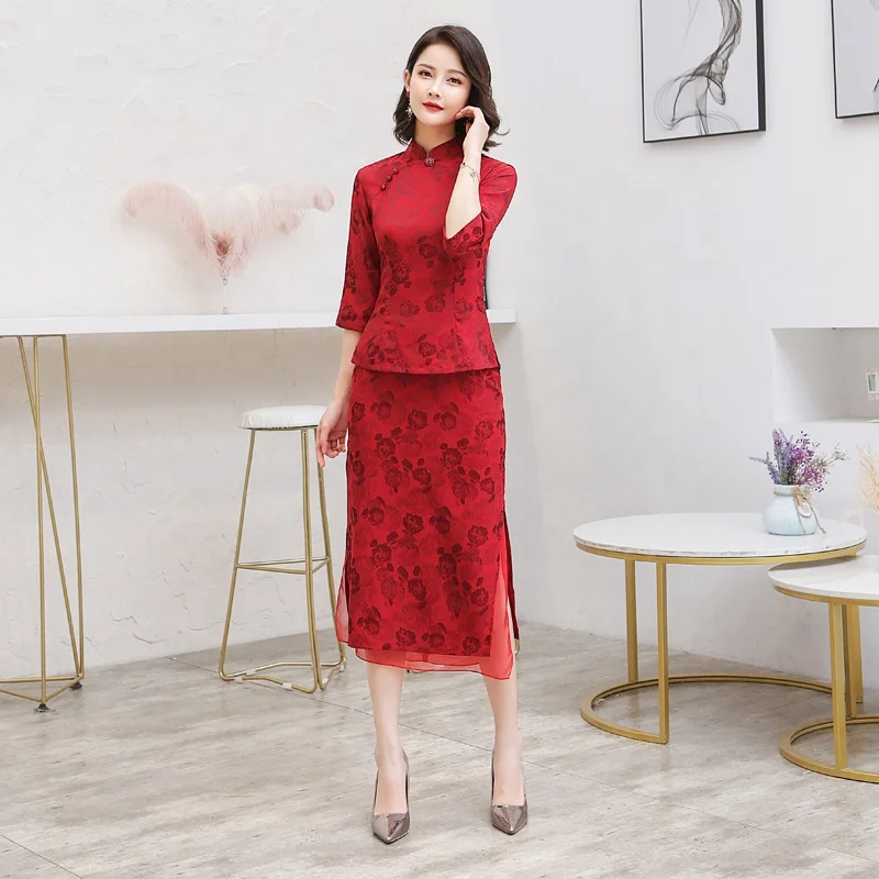 
Chinese Traditional Tang Cheongsam bride two piece set Red Qipao wedding party Dress For Women 