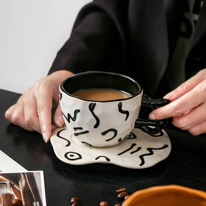 Nordic Creative 280ml Retro Hand Painted Ceramic Mugs with Saucer Irregular Handmade Pottery Mugs Set