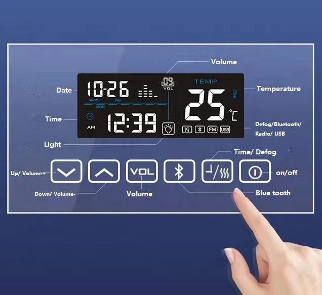 High Quality Anti Fog Touch Screen led mirror with bluetooth illuminated LED mirror with time temperature Blue tooth speaker