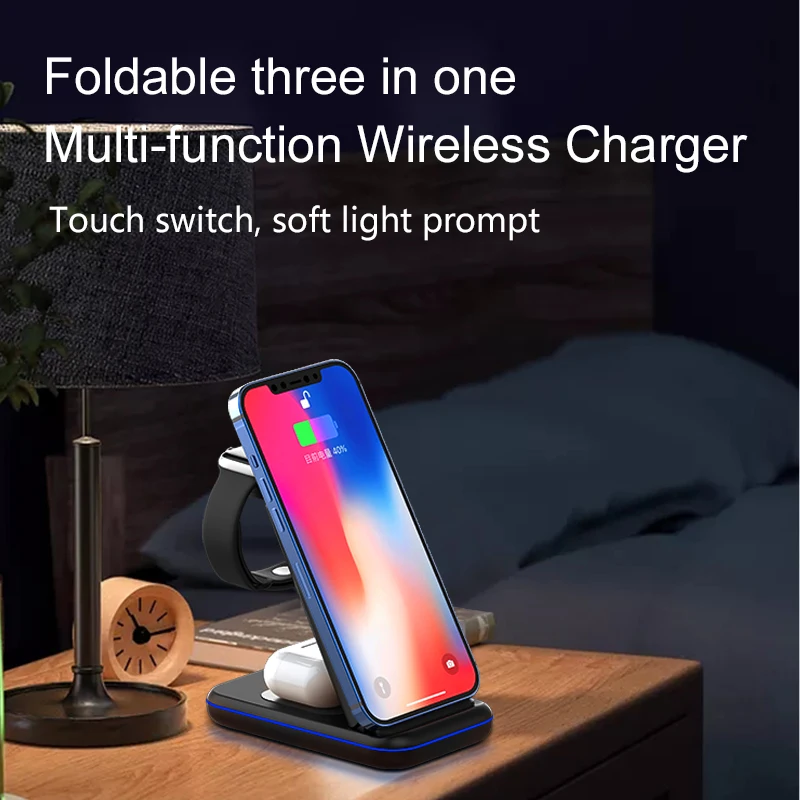 Folding Wireless Charger For Iwatch Airpods For Iphone Fast Qi 15W Phone Charging Stand 3 In 1 Foldable Wireless Charger