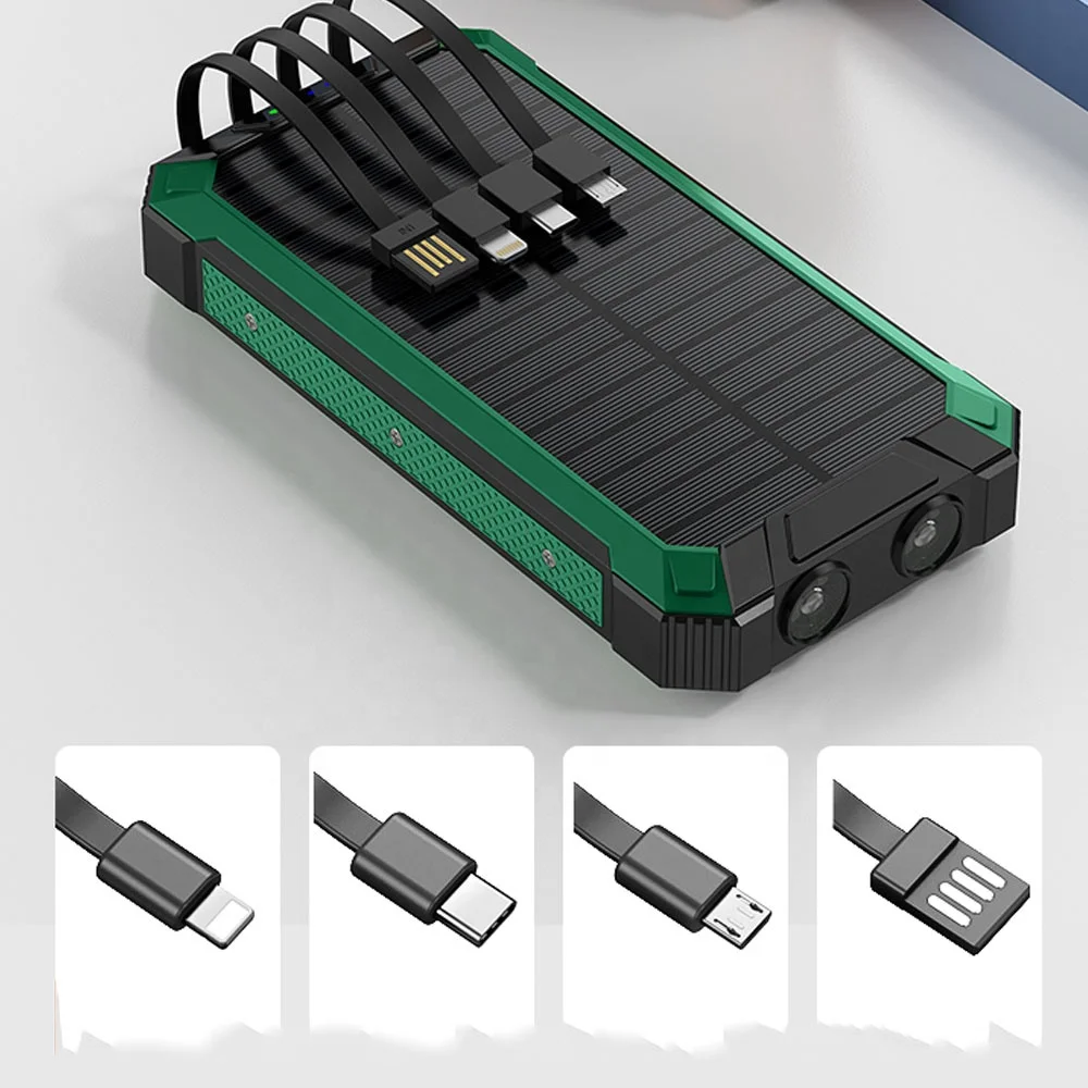 2022 New Best Waterproof Solar Power Bank 20000mah Built-in 4 Cables Qi Wireless Charger Travel Powerbank for All Phone